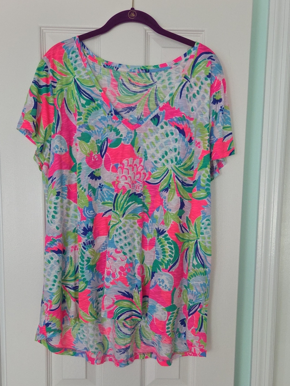 Lilly Pulitzer Neon Pineapple V-Neck Short Sleeve Tee - Pink, Green & Blue